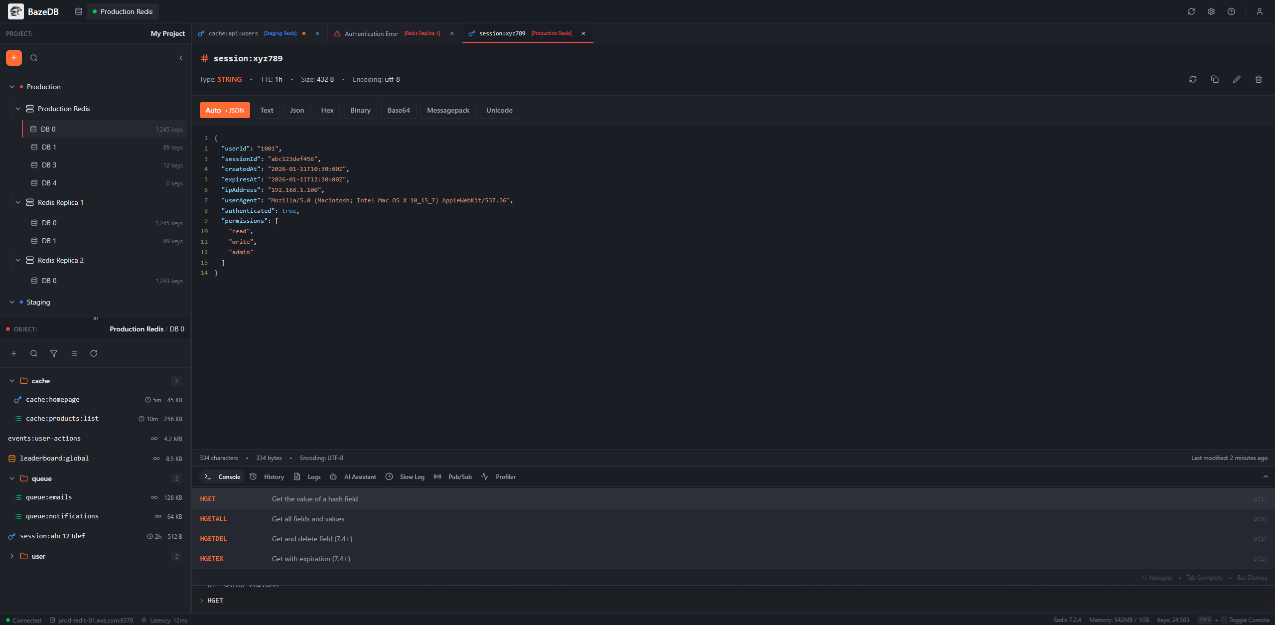 BazeDB Redis interface showing Streams, hashes, and sorted sets